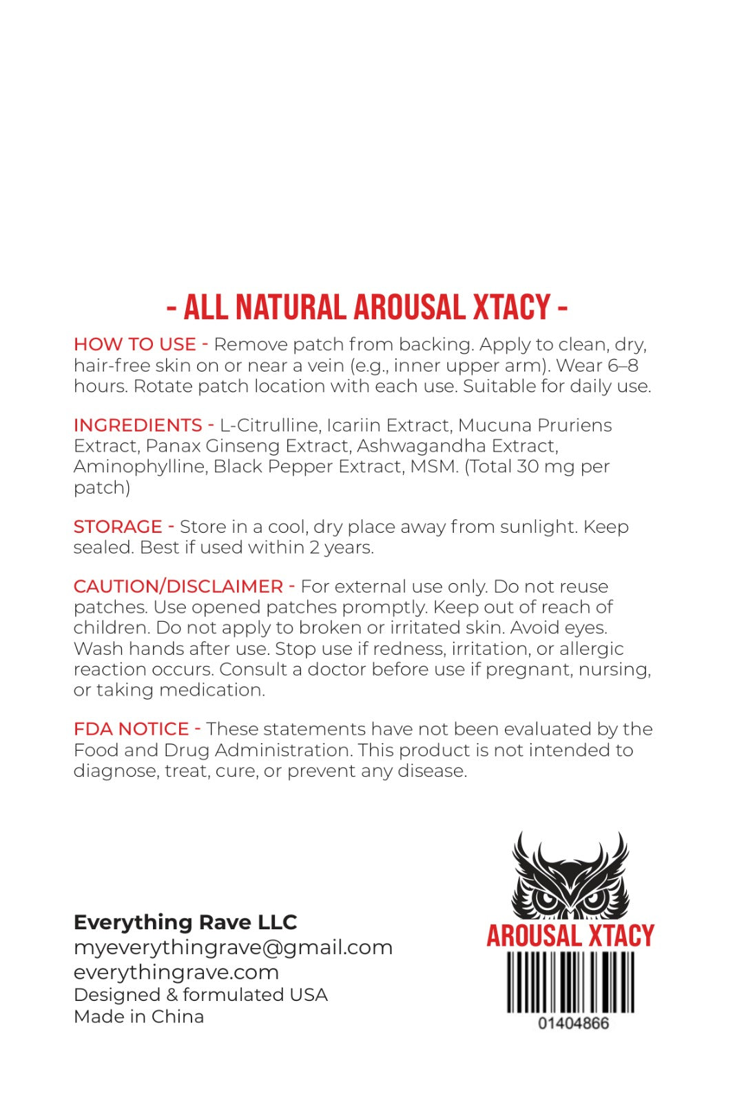 Back label of Arousal XTACY product with text and branding details.
