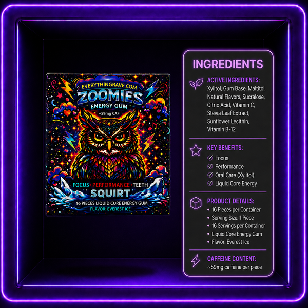 Zoomies Energy Gum · Liquid Core Mint · 59mg Caffeine + B12 · 16 Pieces