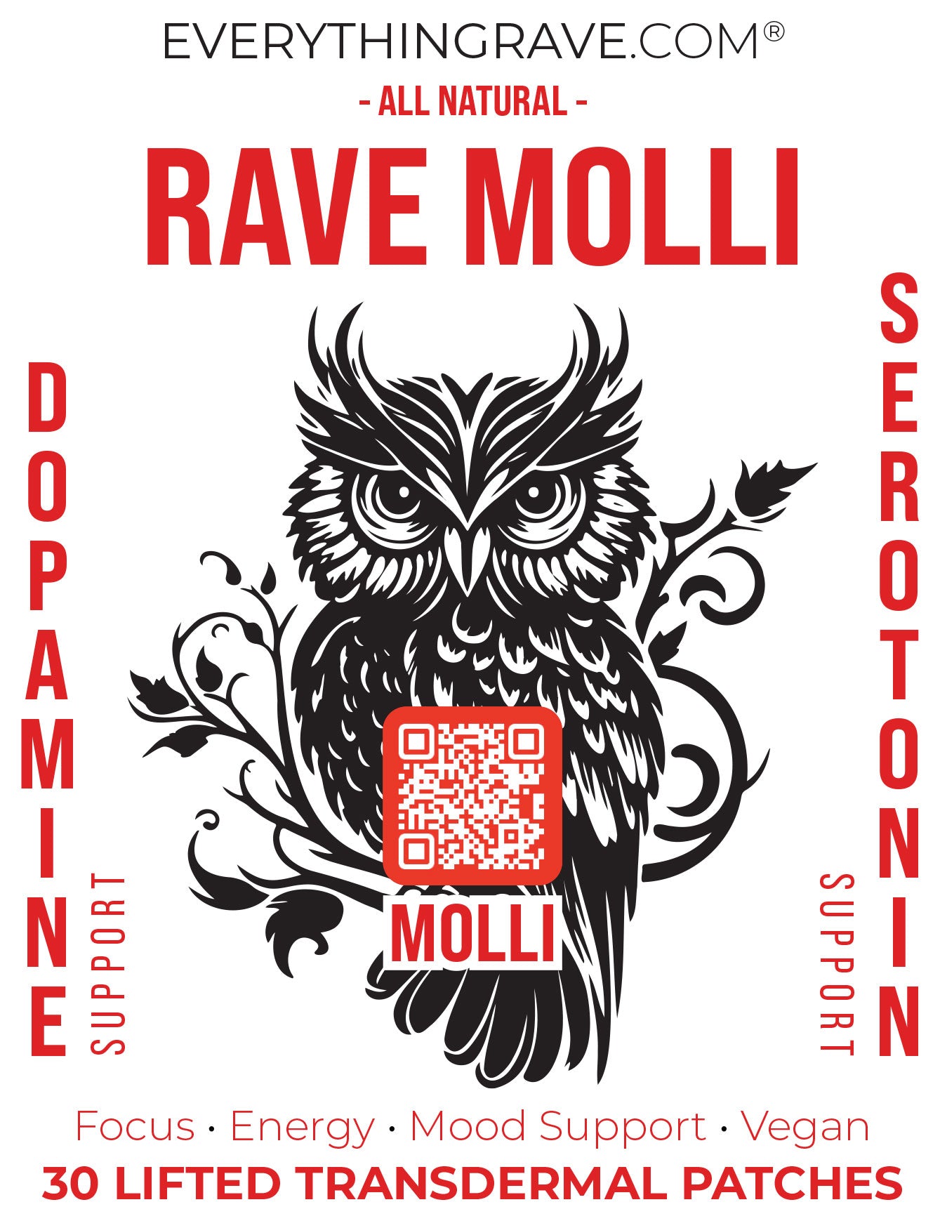 Rave Molli mood support patch front package showing branding and transdermal patch design