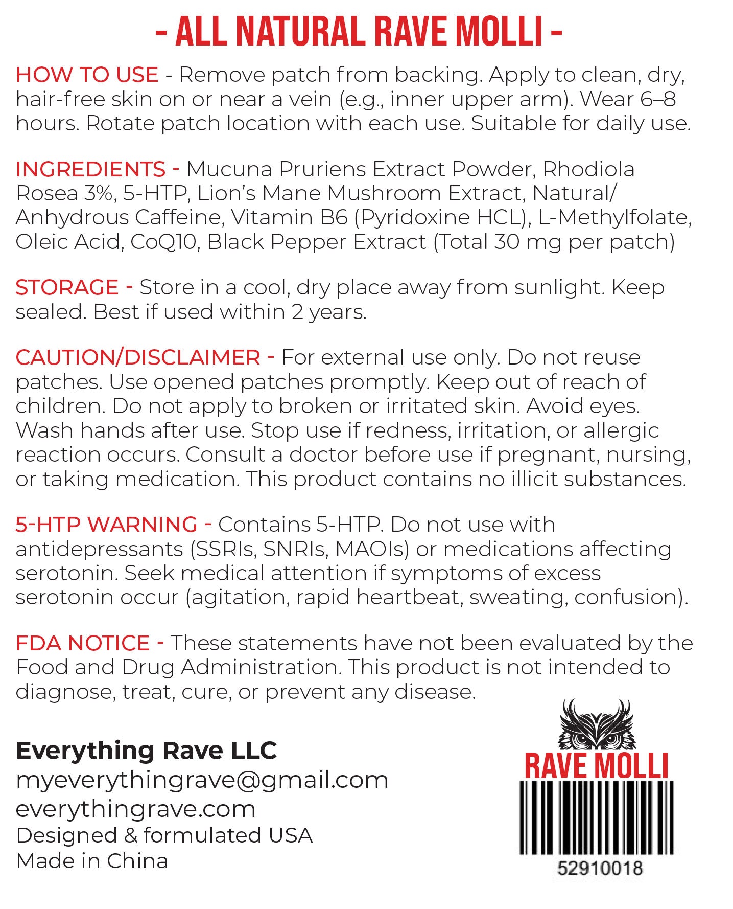 Rave Molli mood support patch back package with ingredients, usage instructions, and serotonin dopamine support details