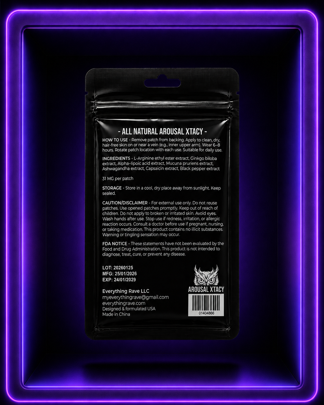 Arousal Xtacy · Blood Flow & Vitality Support Patch · 30 Pack