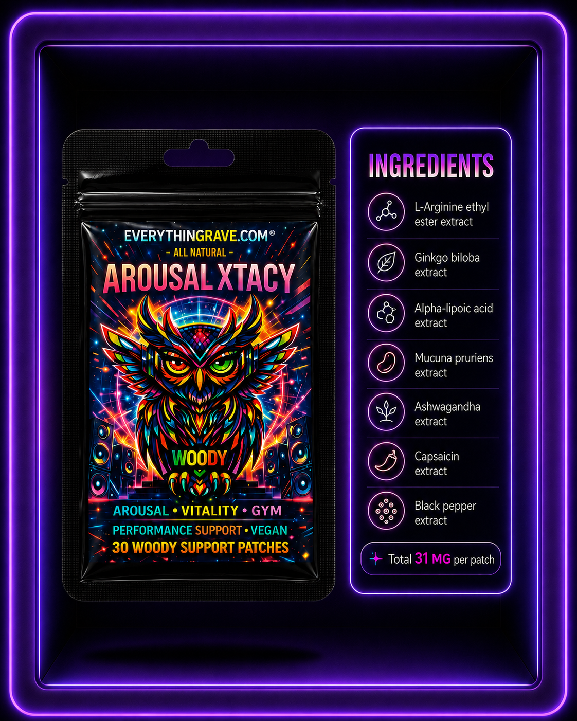 Arousal Xtacy · Blood Flow & Vitality Support Patch · 30 Pack