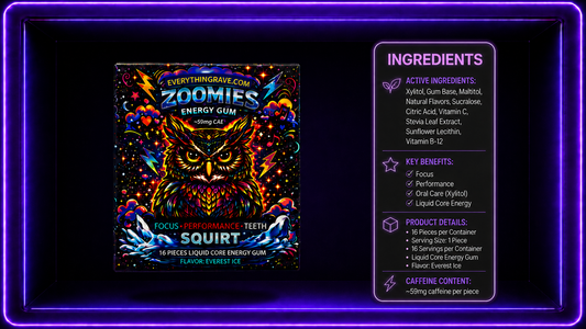 Zoomies Energy Gum · Liquid Core Mint · 59mg Caffeine + B12 · 16 Pieces