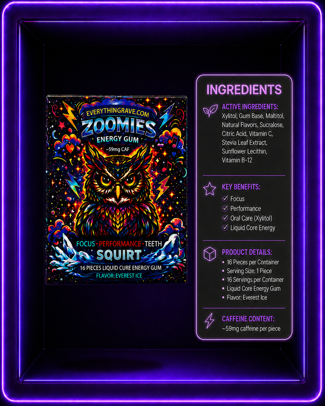 Zoomies Energy Gum · Liquid Core Mint · 59mg Caffeine + B12 · 16 Pieces