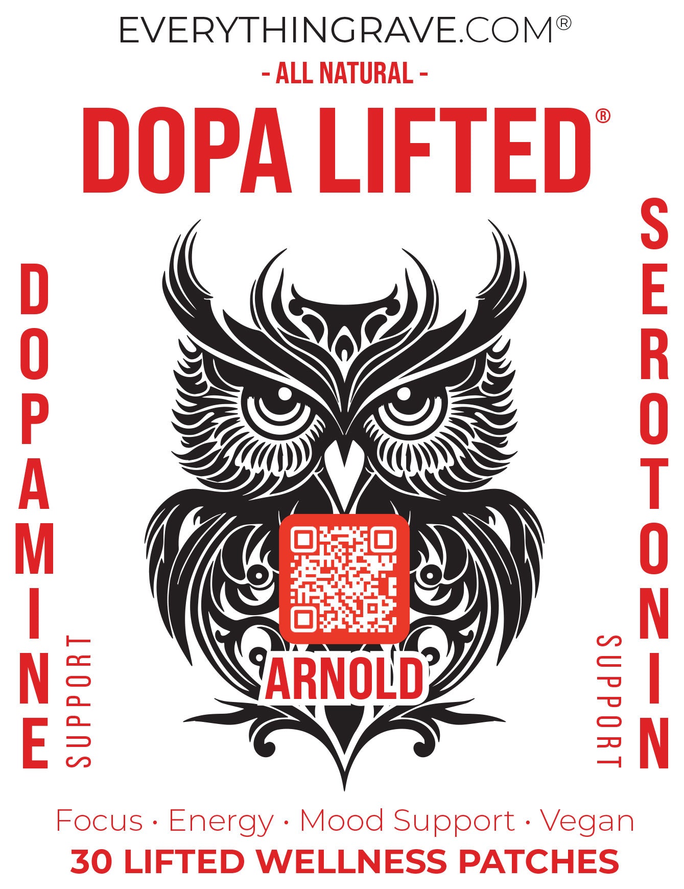 Dopa Lifted dopamine and serotonin support supplement showing front package showing branding and transdermal patch design