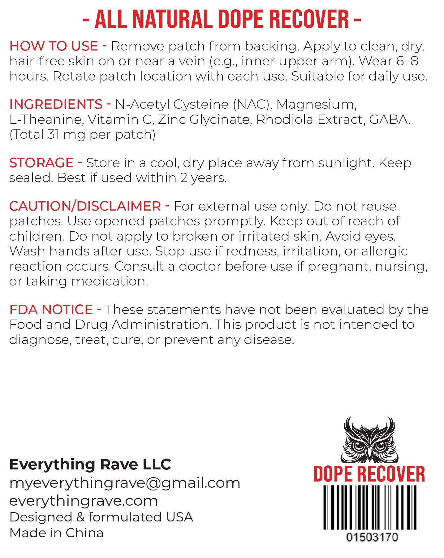 Dope Recover patch ingredients and instructions - serotonin and dopamine support for post-festival recovery
