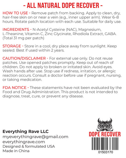 Dope Recover patch ingredients and instructions - serotonin and dopamine support for post-festival recovery

