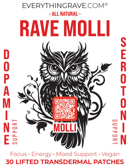 Rave Molli mood support patch front package showing branding and transdermal patch design