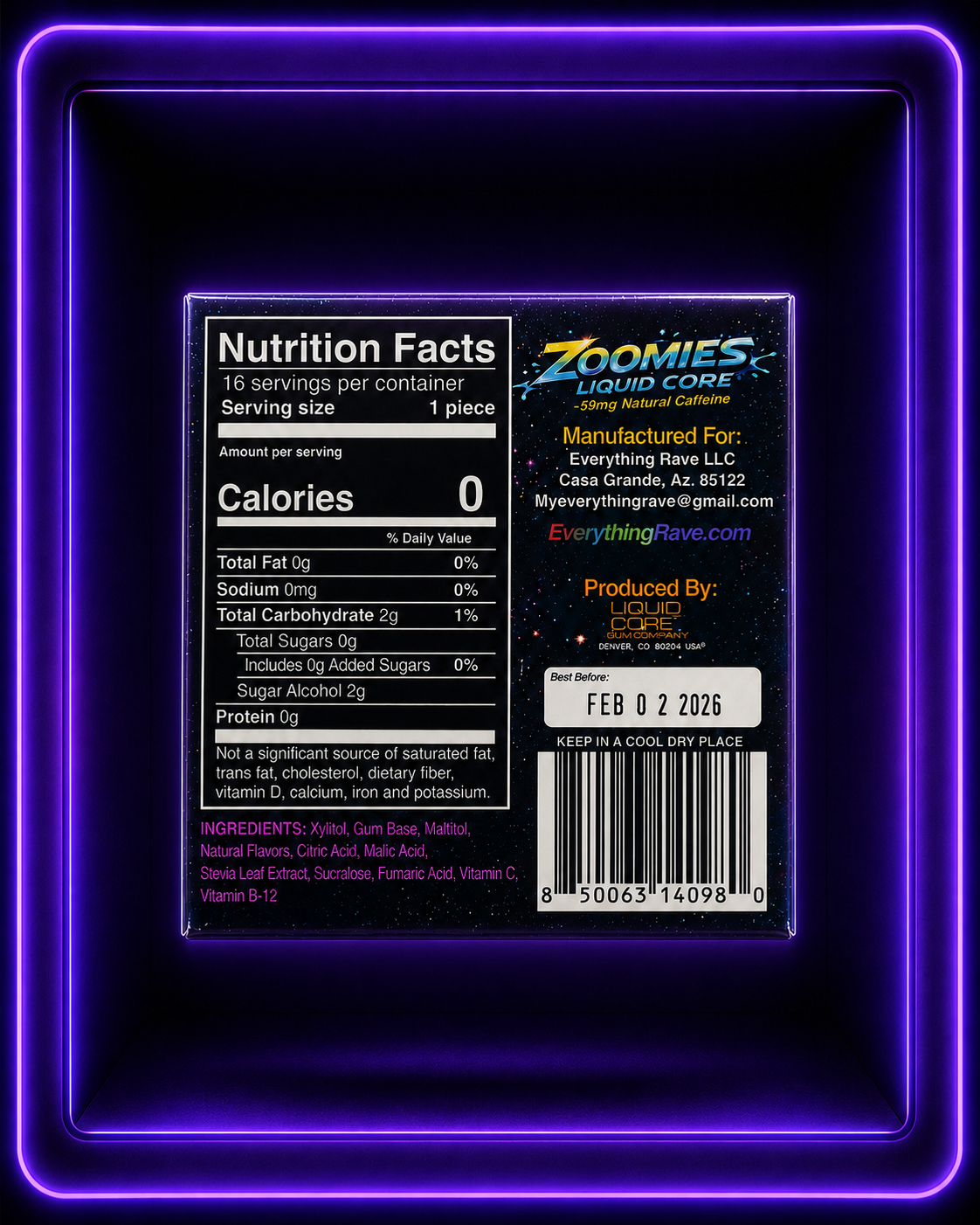 Zoomies Energy Gum · Liquid Core Mint · 59mg Caffeine + B12 · 16 Pieces