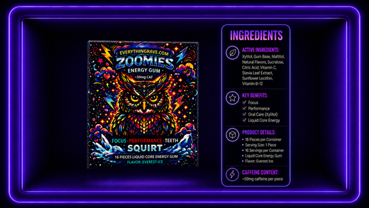 Zoomies Energy Gum · Liquid Core Mint · 59mg Caffeine + B12 · 16 Pieces