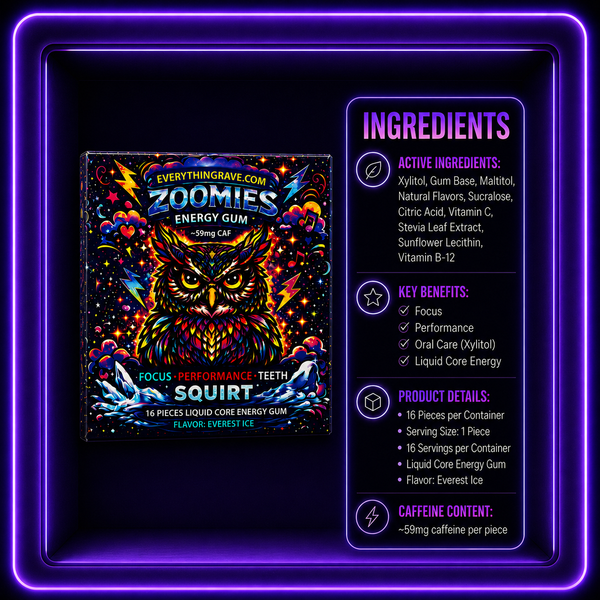 Zoomies Energy Gum · Liquid Core Mint · 59mg Caffeine + B12 · 16 Pieces