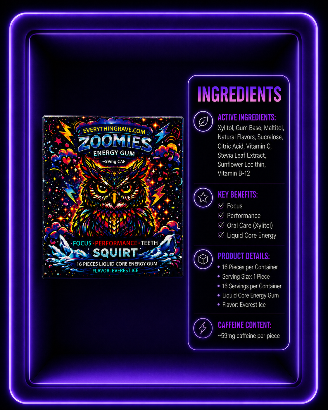 Zoomies Energy Gum · Liquid Core Mint · 59mg Caffeine + B12 · 16 Pieces