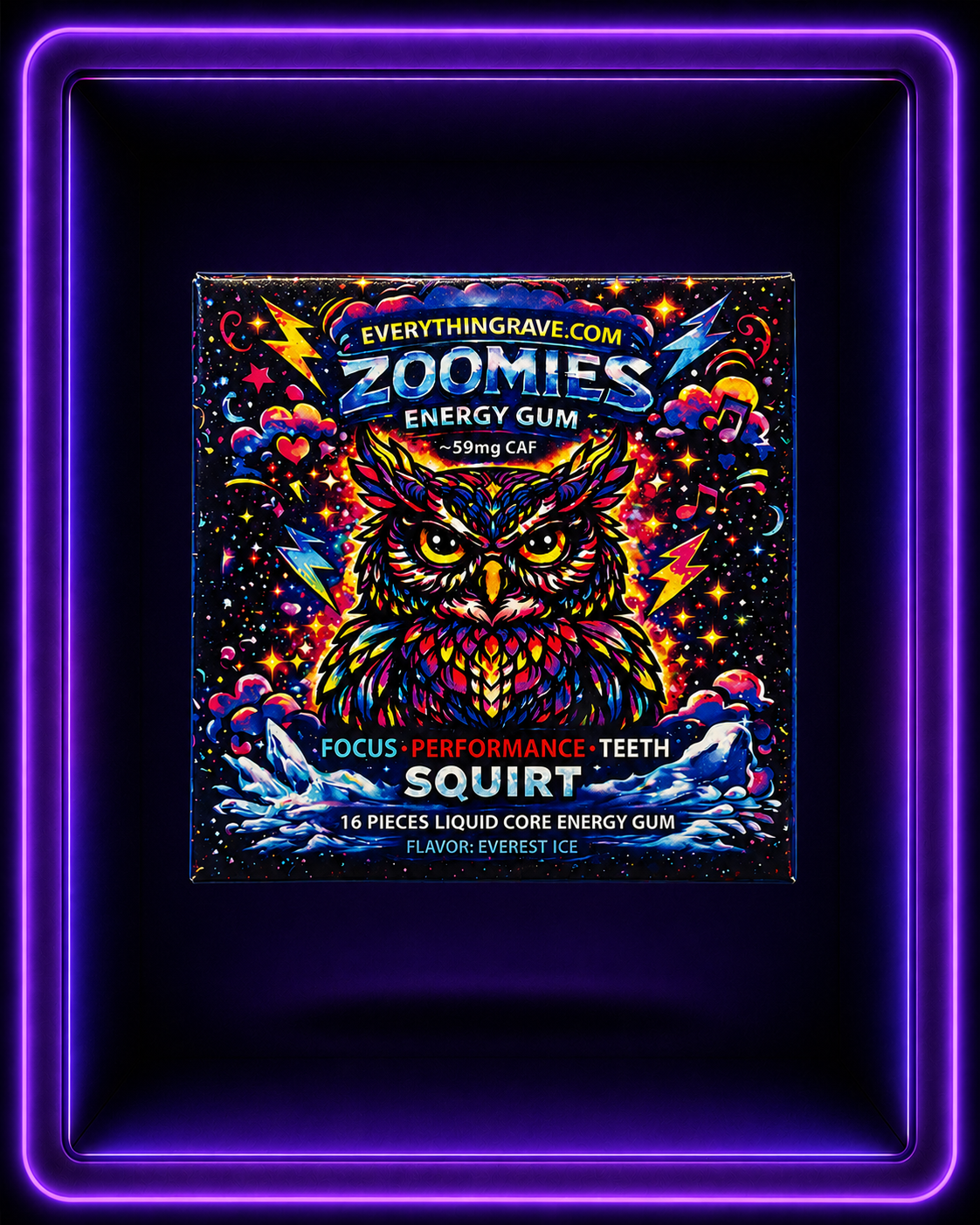 Zoomies Energy Gum · Liquid Core Mint · 59mg Caffeine + B12 · 16 Pieces