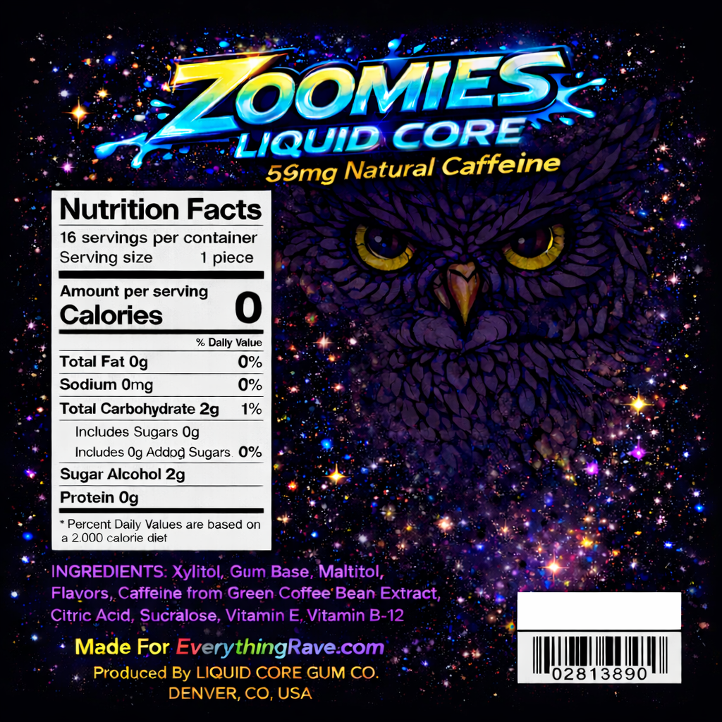 ⚡Zoomies Liquid Core Energy Gum ⚡ 59mg Caffeine Per Piece + B12 — Rocket Energy Without the Drink