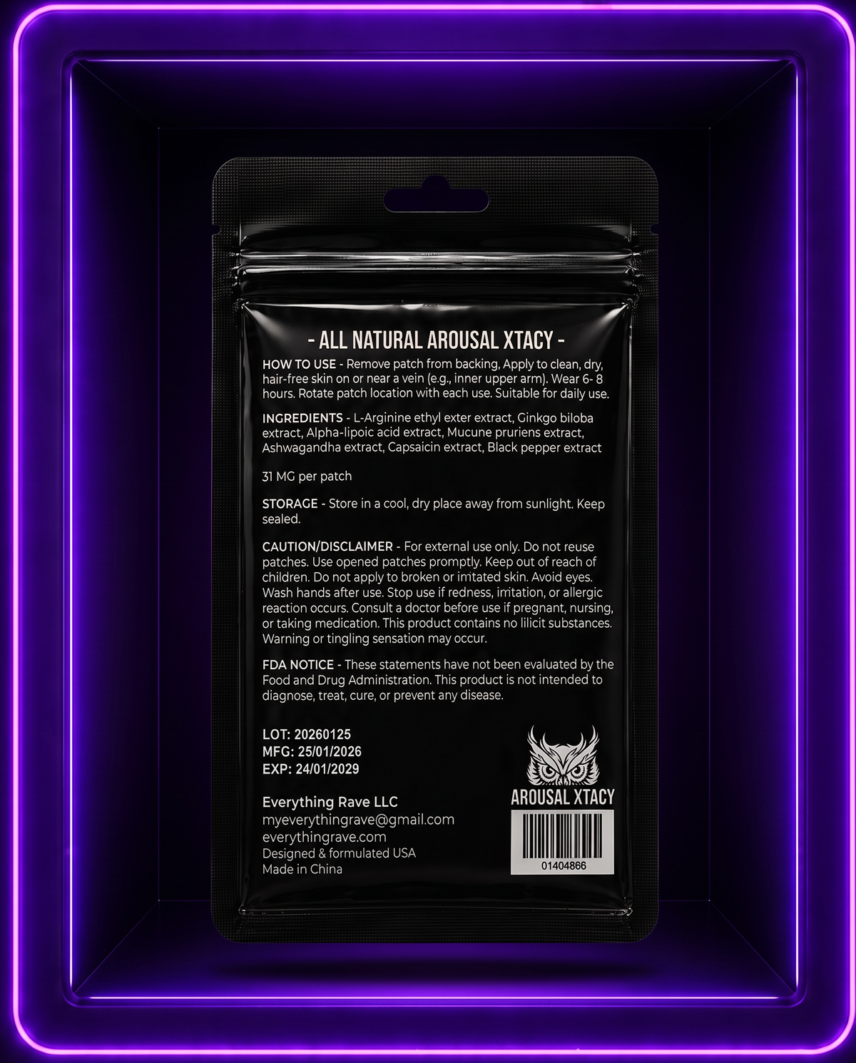 Arousal Xtacy · Blood Flow & Vitality Support Patch · 30 Pack
