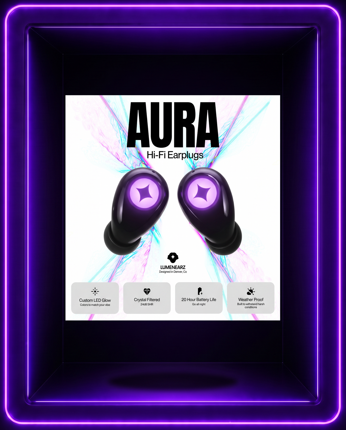 LUMENEARZ Aura HiFi Earplugs · 24dB LED Concert & Festival Ear Protection