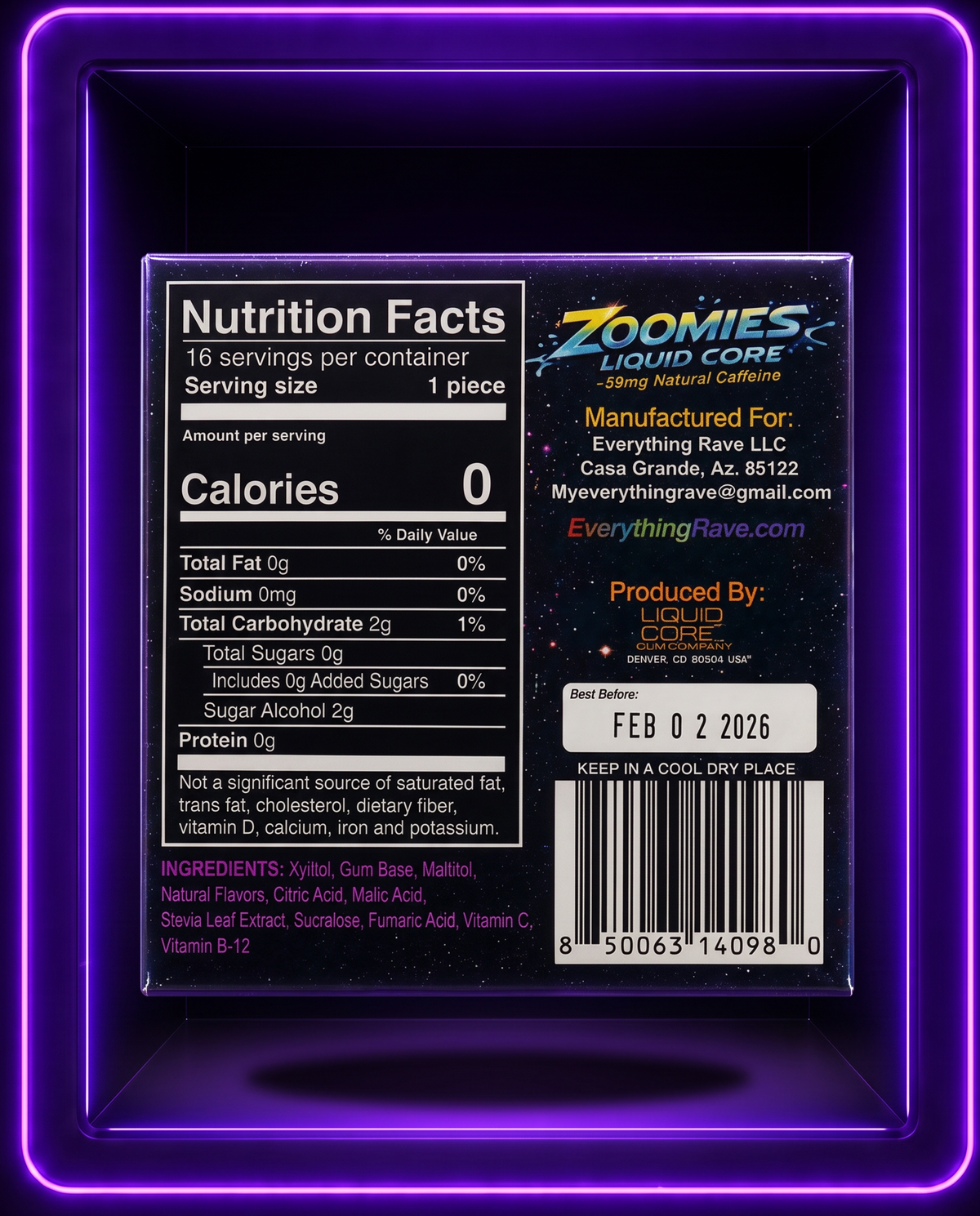 Zoomies Energy Gum · Liquid Core Mint · 59mg Caffeine + B12 · 16 Pieces