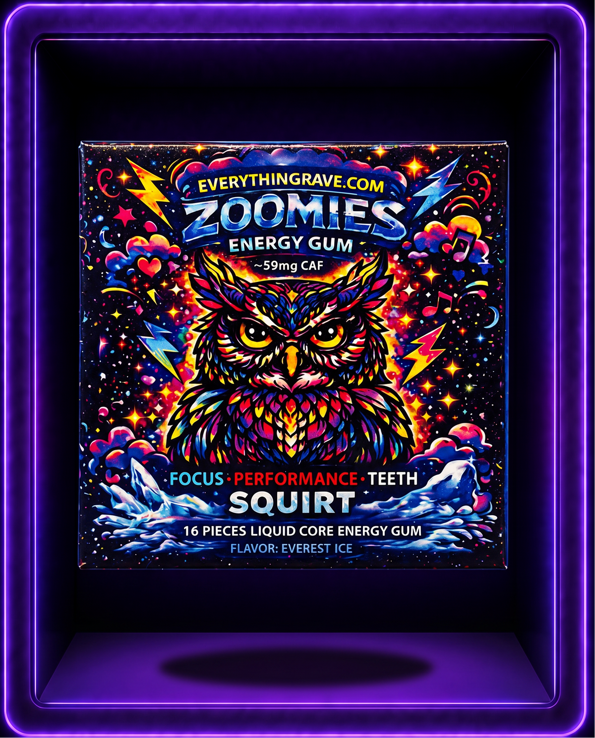 Zoomies Energy Gum · Liquid Core Mint · 59mg Caffeine + B12 · 16 Pieces